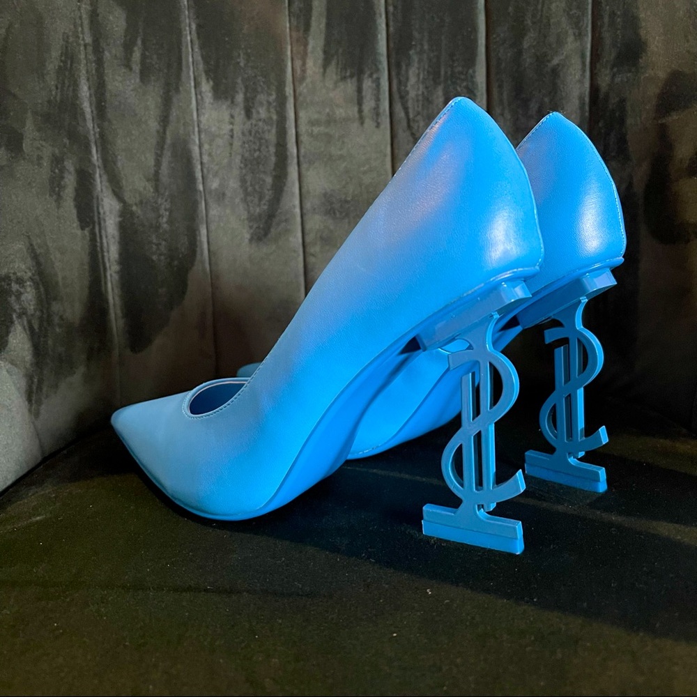 Sky blue money heels